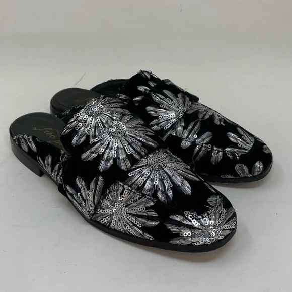 Free People Shoes Black Velvet Mules Silver Embroidered Flowers Size 36 6 - Picture 5 of 14